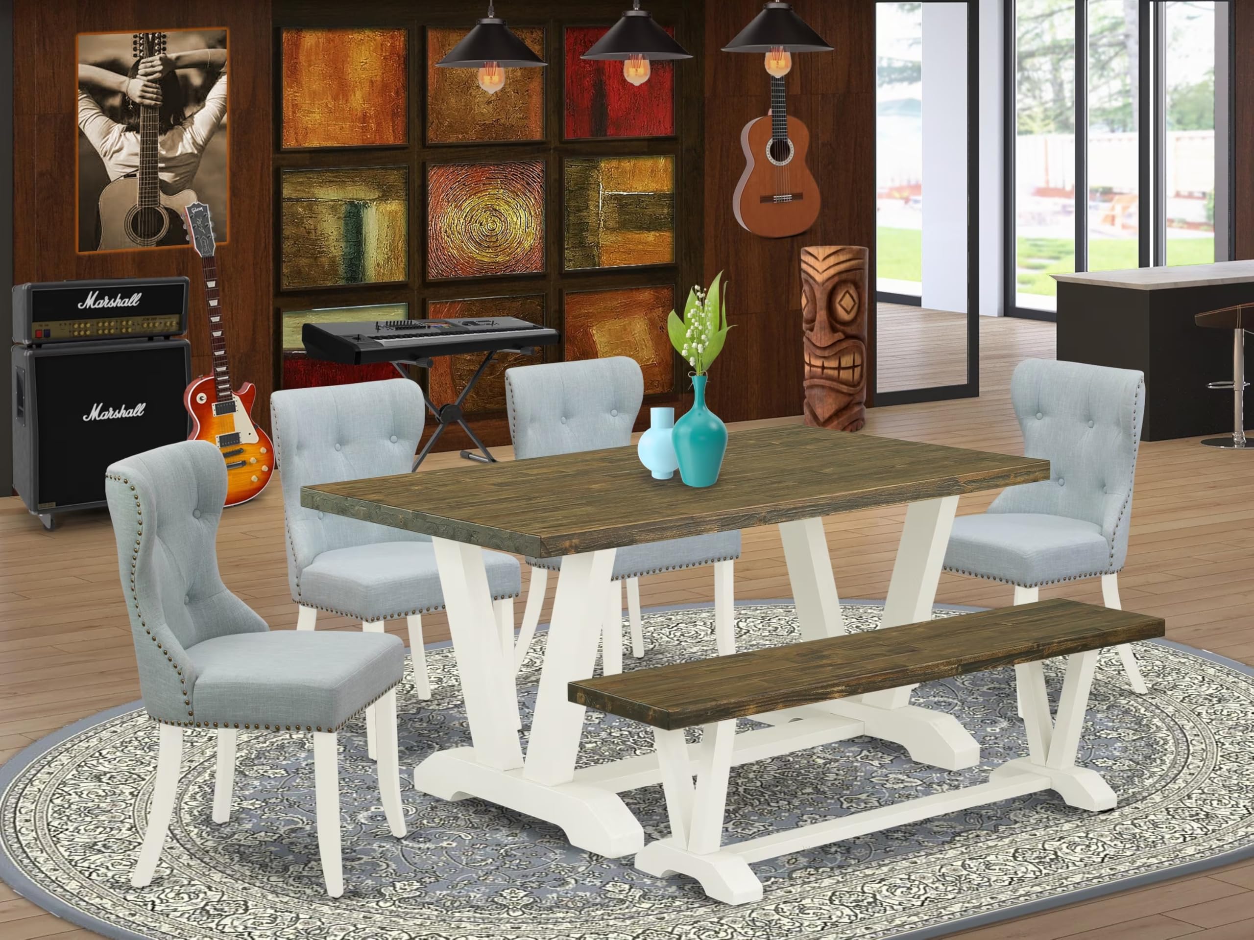 East West Furniture V076Si215-6 6 Piece Dining Table Set Contains A Rectangle Kitchen Table With V-Legs And 4 Baby Blue Linen Fabric Upholstered Chairs With A Bench, 36X60 Inch, Multi-Color